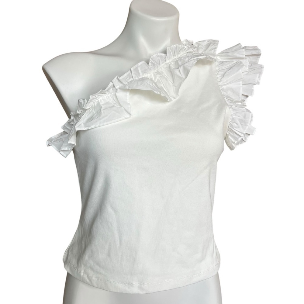 Grey Lab White One Shoulder Ruffle Top Blouse Size Medium New
